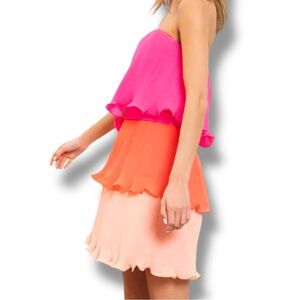 BiBi Strapless Pleated Tiered Ombre Mini Dress Pink Orange Ruffle M